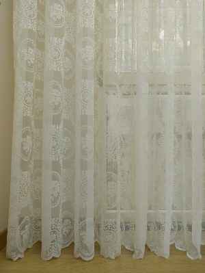 Damask Çiçek Desenli Özel Örme Dokulu Tül Perde- Ekru