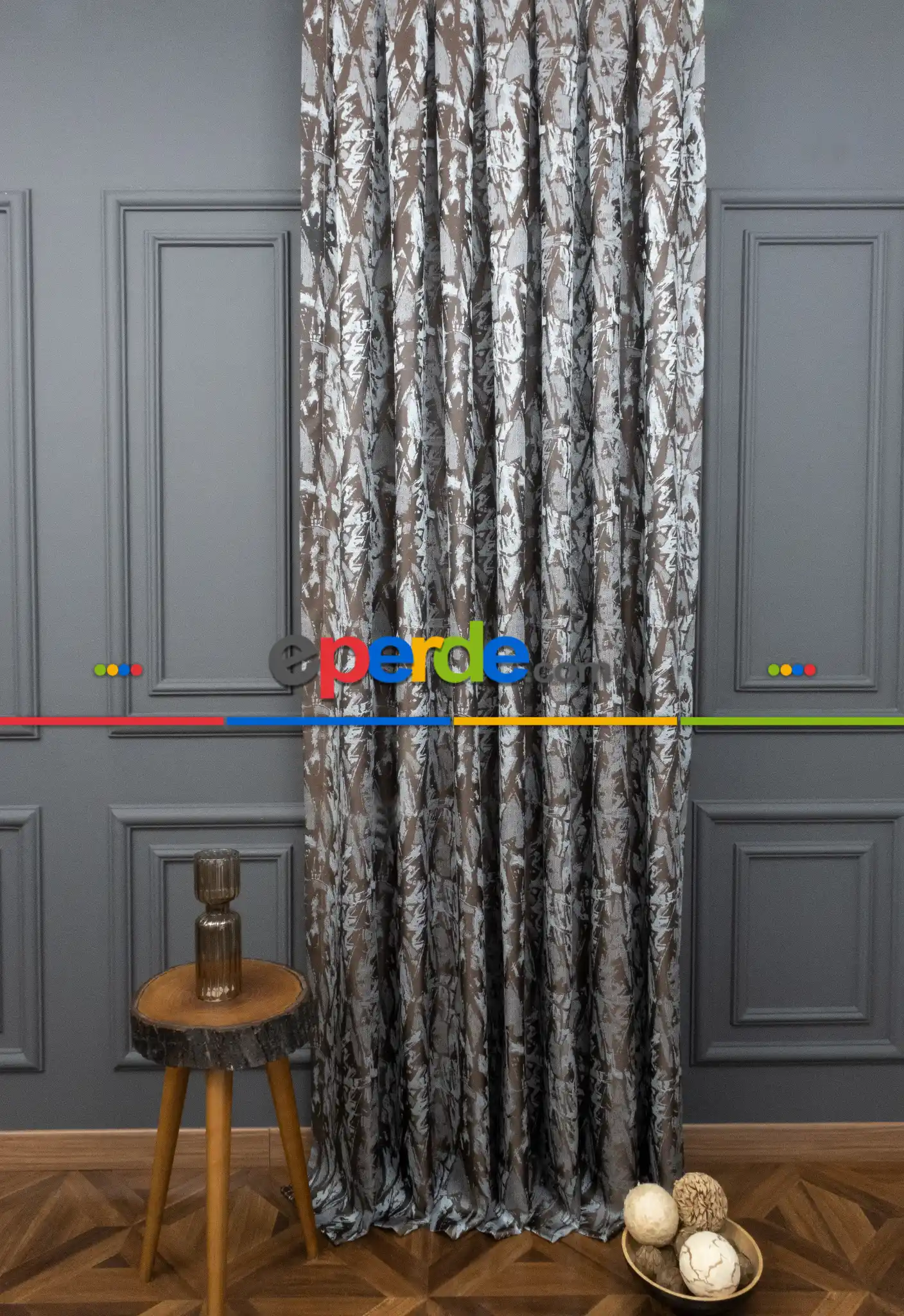 Jakar Dokuma Fon Perde Zemin Kahve(desen Açık Mavi) Renk