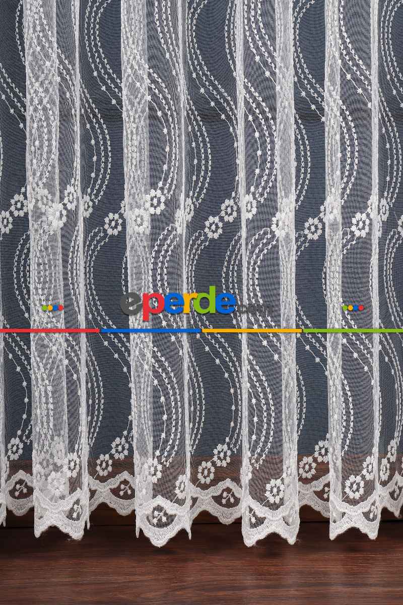 Es Brode Nakış İşlemeli Tül Perde - Çiçek Desenli