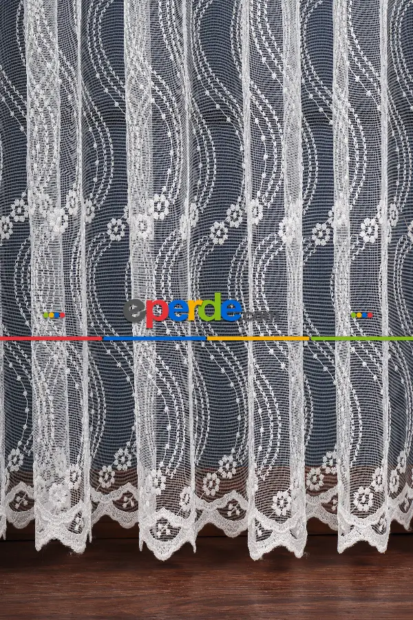 Es Brode Nakış İşlemeli Tül Perde - Çiçek Desenli