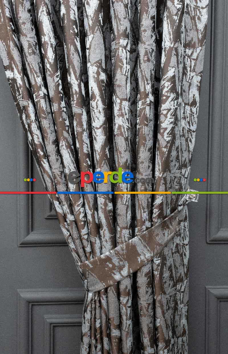 Jakar Dokuma Fon Perde Zemin Kahve (desen Açık Mavi) Renk