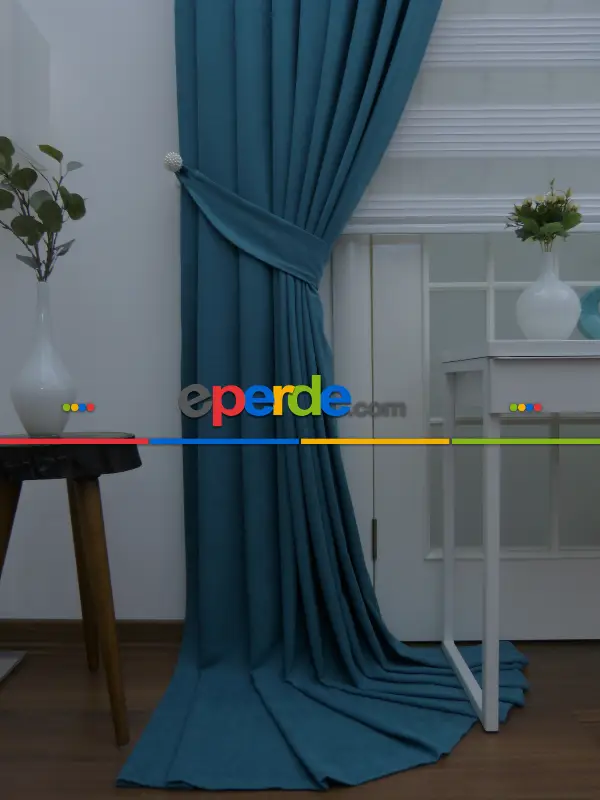 Petrol Mavisi Rengi Düz Fon Perde.- Petrol Mavisi