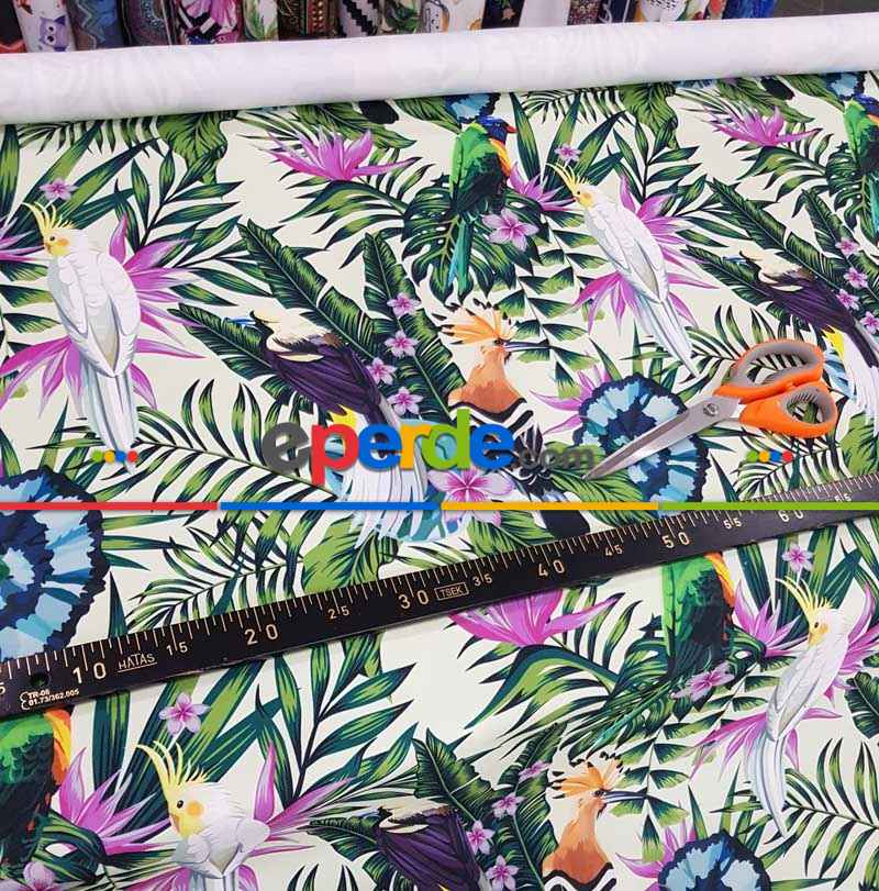 Papağan Ve Tropikal Desenli Fon Perde Evm1093 Kumaşı Kalındır Duck Bezi Değildir- Yeşil-Beyaz