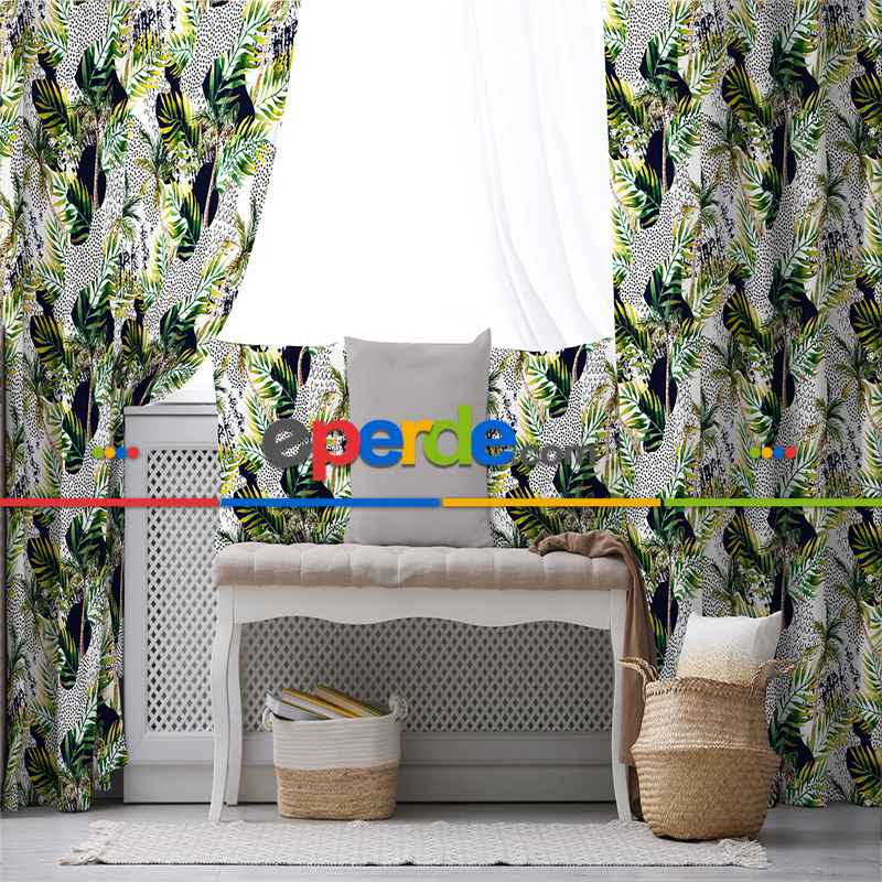 Tropik Desenli Fon Perde Evim584 Kumaşı Kalındır Duck Bezi Değildir- Mavi-beyaz