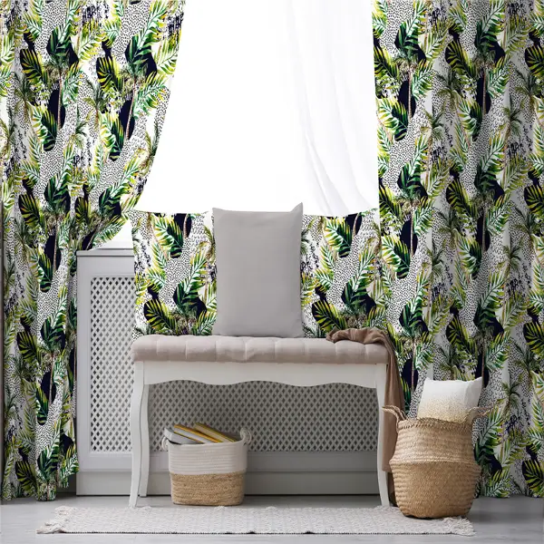 Tropik Desenli Fon Perde Evim584 Kumaşı Kalındır Duck Bezi Değildir- Mavi-beyaz