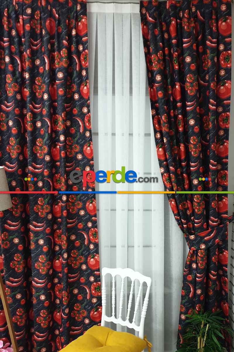Mutfak Perdesi Kanat Fon Perde Dometes Biber Desenli- Siyah