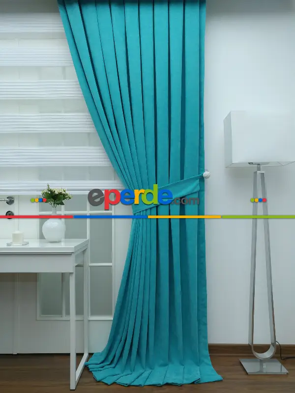 %25 İndirimli!!! Fon Perde - Açık Turkuaz Panama Fon Perde (fon Demiri Hediyeli)- Turkuaz