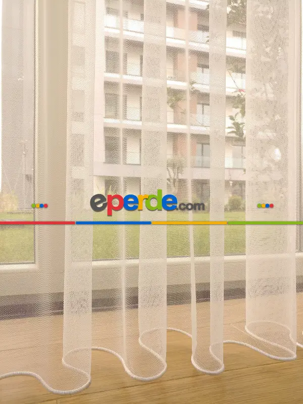 Ekru Renk Petek Zemin Düz Tül Perde Dökümlü- Ekru