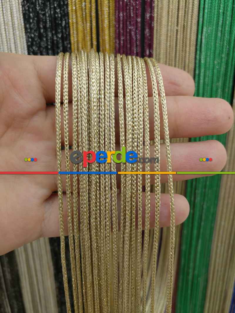 Bej Rengi İp Perde Kalın Zincir Simli Serisi- Bej-altın