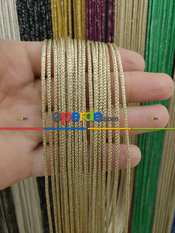 Bej Rengi İp Perde Kalın Zincir Simli Serisi- Bej-altın