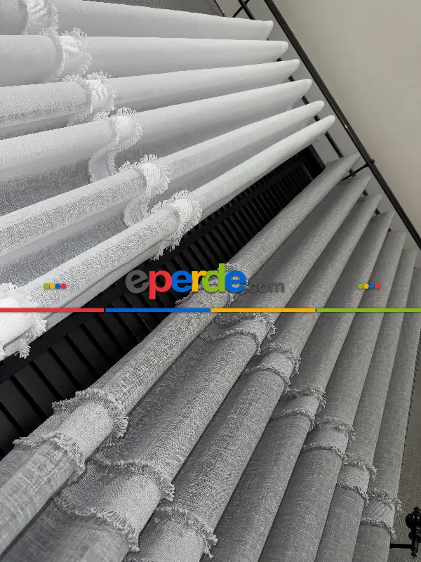 Salon Tül Perde - Yeni Trend Saçaklı Bantlı Keten Tül Perde Ekru Ve Gri Renk Seçenekleri