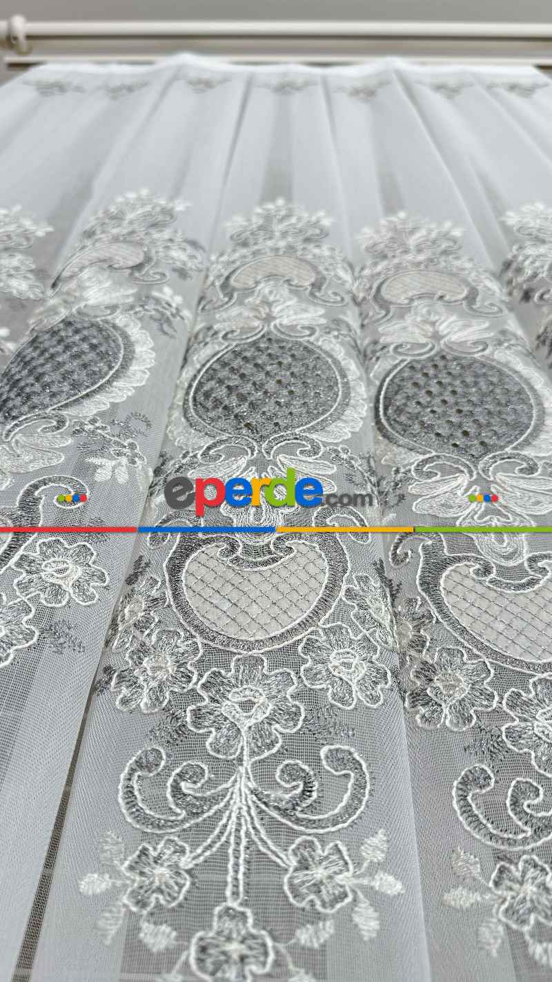 Ekru Gri Özel Dokuma, Özel İplik Brode İşlemeli Tül Perde - Ağır Gramajlı Premium Nakışlı