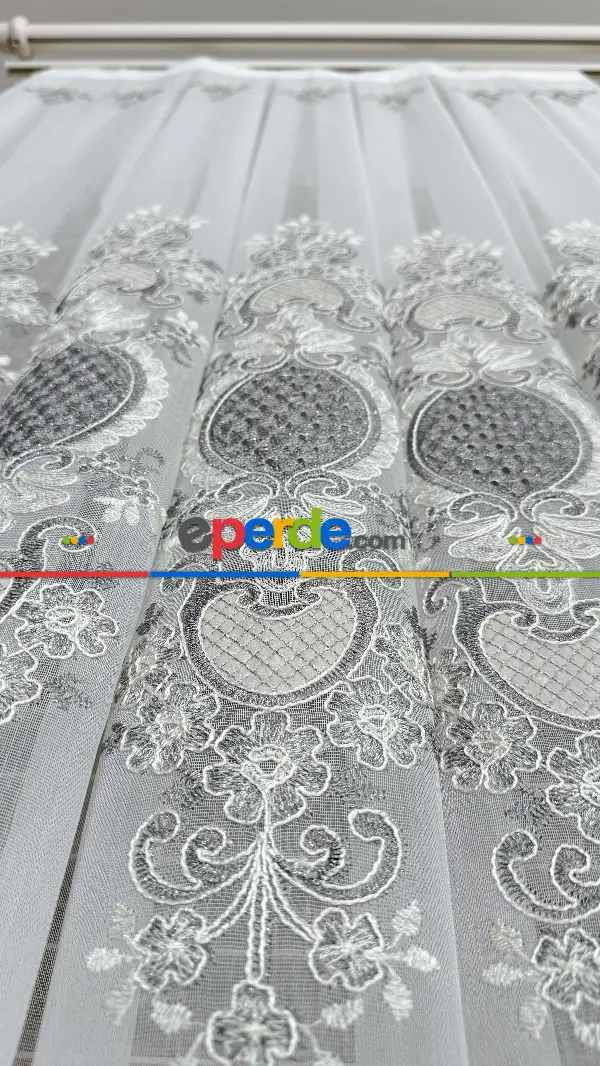 Ekru Gri Özel Dokuma, Özel İplik Brode İşlemeli Tül Perde - Ağır Gramajlı Premium Nakışlı