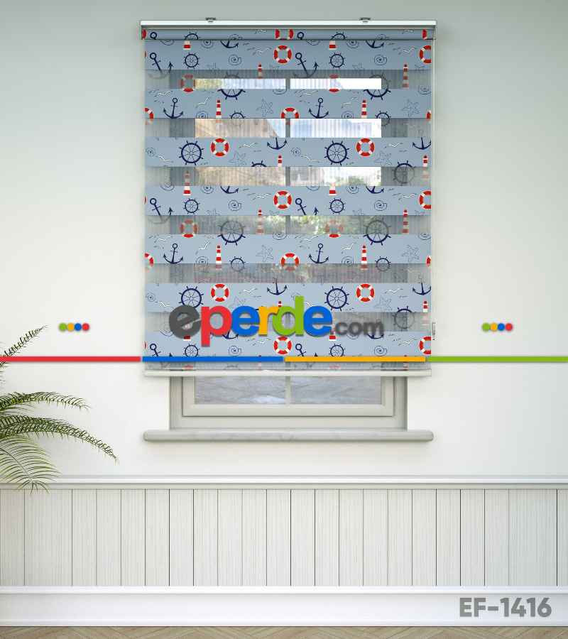 Çocuk Odası Zebra Perde - Denizci Desenli Baskılı Zebra Perde- Çok Renkli