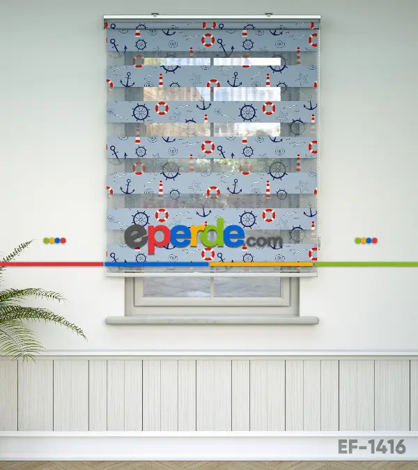 Bebek Odası Zebra Perde - Denizci Desenli Baskılı Zebra Perde- Çok Renkli