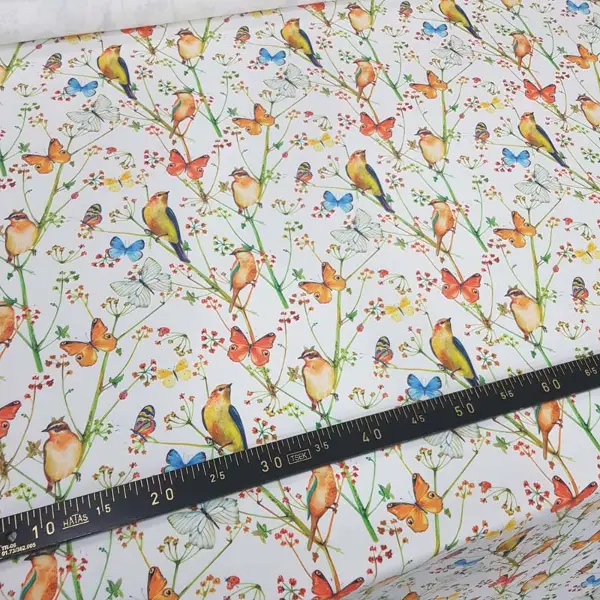 Kuş ,kelebek Ve Çiçek Desenli Fon Perde Evm829 Kumaşı Kalındır Duck Bezi Değildir- Beyaz- Çok Renkli 3