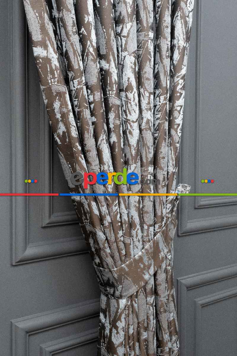 Evce Jakar Dokuma Fon Perde Zemin Kahve (açık Mavi) Desen