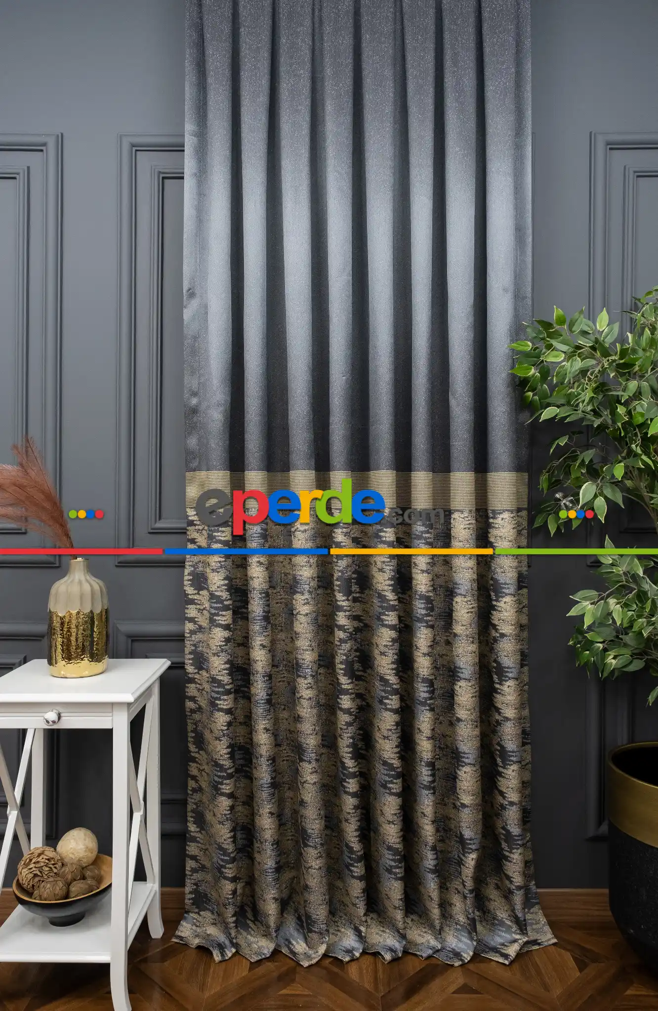 Antrasit Bejli Jakar Etek Pano Dökümlü Gramajlı Uygun Fiat Fon Perde (180)- Antrasit Bej