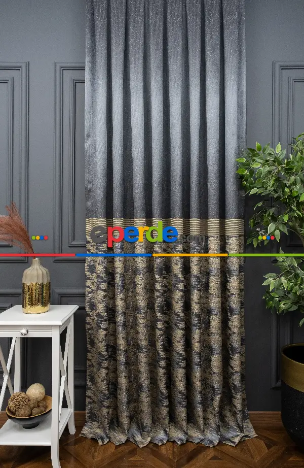 Yatak Odası - Antrasit Bejli Jakar Etek Pano Dökümlü Gramajlı Uygun Fiat Fon Perde (180)- Antrasit Bej