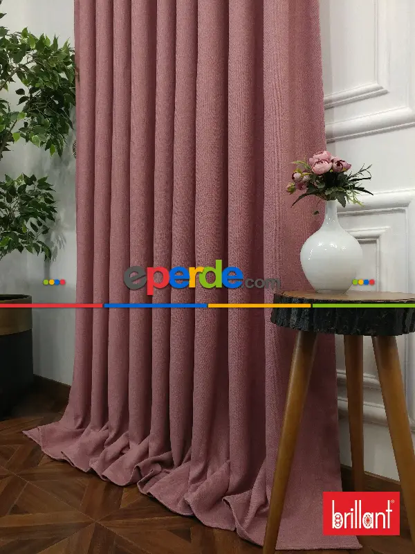 Yatak Odası - Brillant Keten Gül Kurusu Renk Düz Fon Perde - Gül Kurusu