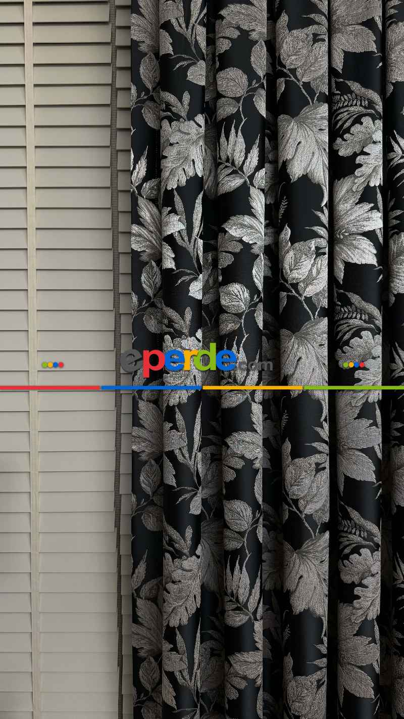 Siyah Gümüş Vizon Çiçek Desen Premium Jakar Dokuma Fon Perde - Premium Kalite Serisi Ağır Gramajlı