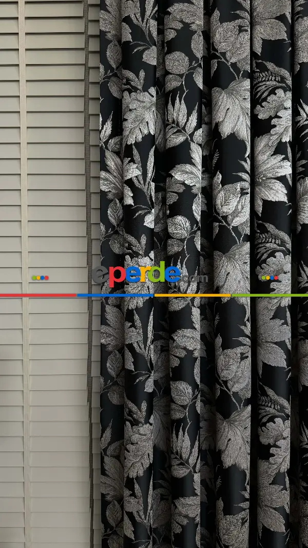 Siyah Gümüş Vizon Çiçek Desen Premium Jakar Dokuma Fon Perde - Premium Kalite Serisi Ağır Gramajlı