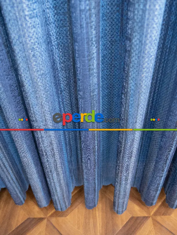 Salon Tül Modelleri - Modern Mavi Desenli Degrade Geçişli Tül - Örme Dantel Tül