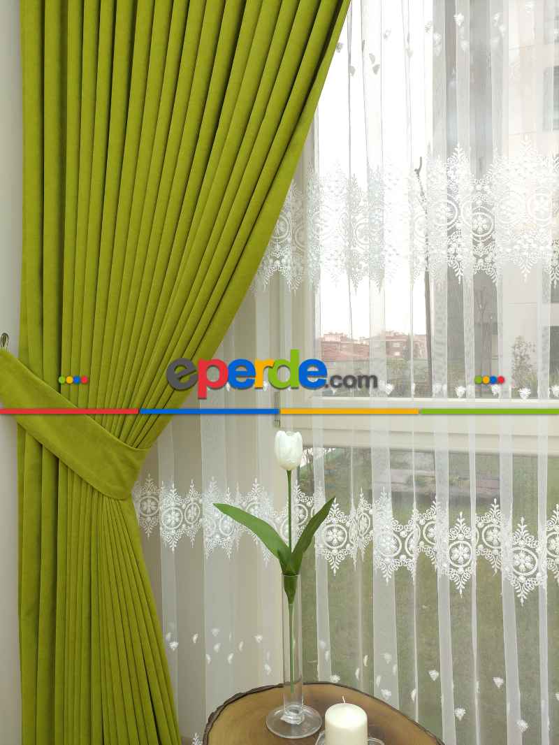 Yağ Yeşili Düz Fon Perde Dökümlü Birinci Kalite 300 Cm Geniş En Daha Hesaplı- Açık Yeşil