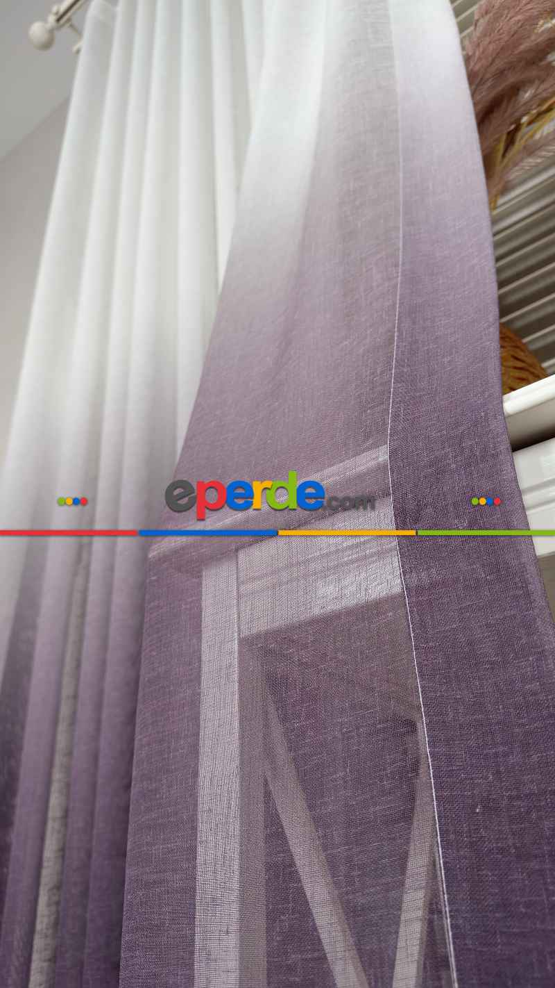 Keten Ekru Mor Degrade Geçişli Tül Perde, Ağır Gramajlı Premium Seri, Eteği Kurşunlu