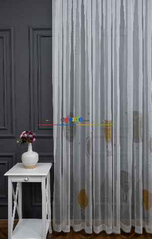 Hazır Ölçülü Petek Zemin Hardal Ve Krem Renkli Balon Desenli Grek Baskılı Tül Perde