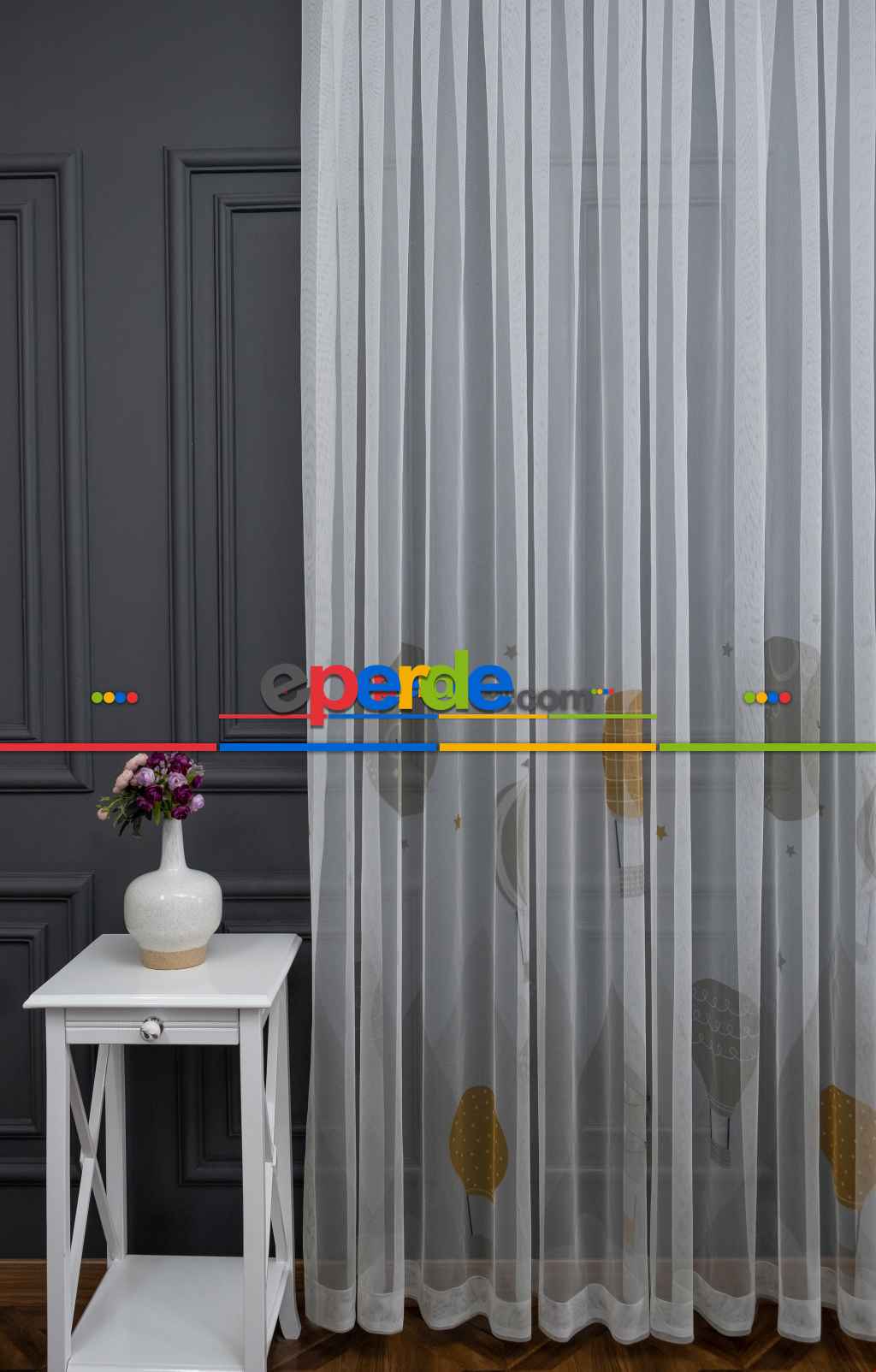 Hazır Ölçülü Petek Zemin Hardal Ve Krem Renkli Balon Desenli Grek Baskılı Tül Perde