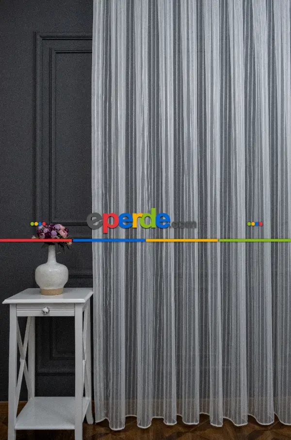 Salon Tül - Brillant Gümüş Sim Çizgi Armür Tül Çizgili Tül