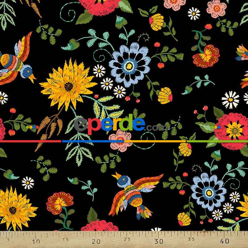 Çiçek Desenli Fon Perde Evm462 - Kumaşı Kalındır Duck Bezi Değildir.- Siyah-Kırmızı-Siyah Kırmızı-Çok Renkli