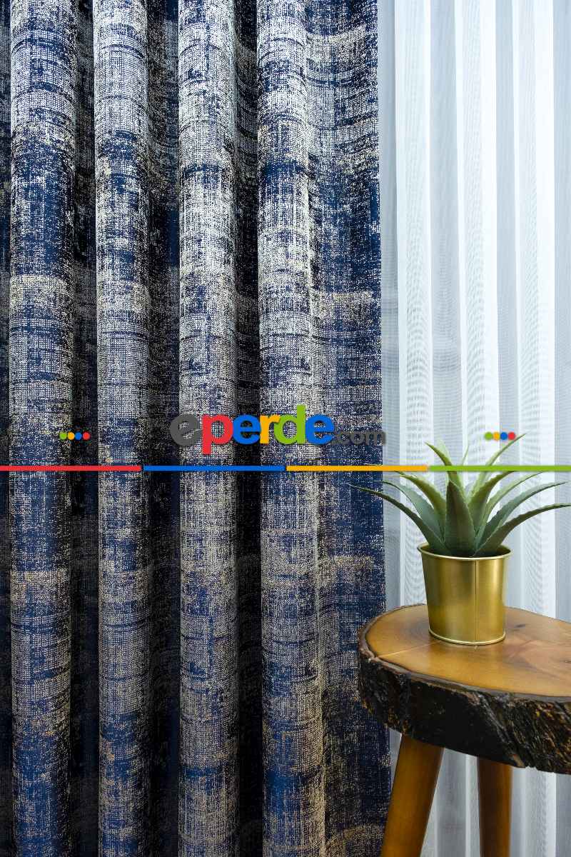 Jakar Desenli Fon Perde- Lacivert-bej