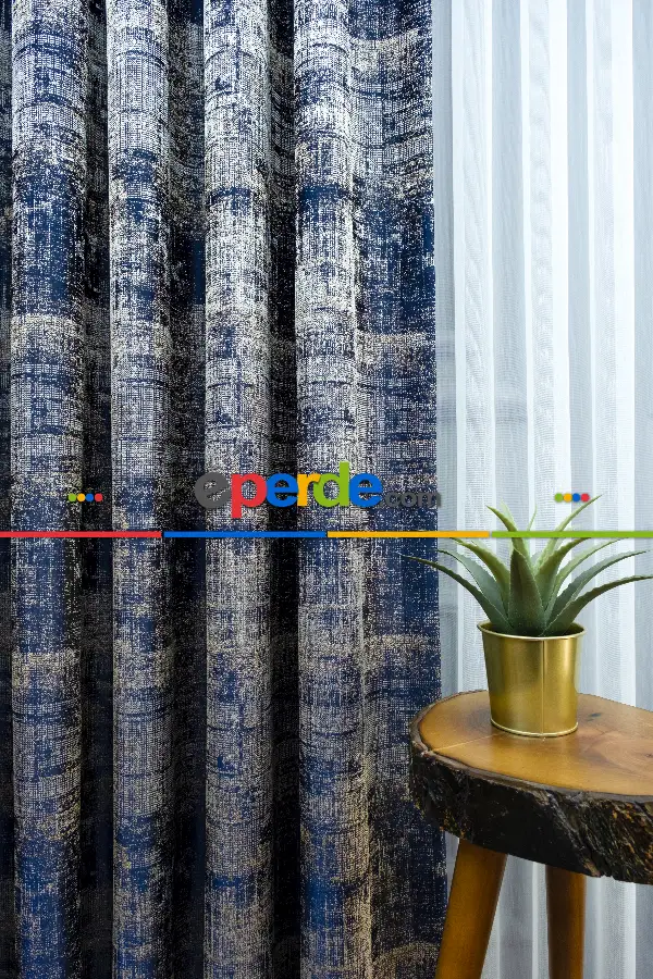 Salon Fon - 2021 Sezonu - Jakar Desenli Fon Perde- Lacivert-Bej