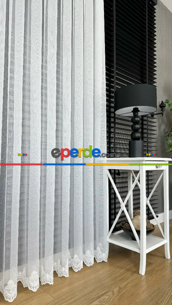 Ekru Etek Ucu Özel İplik Hafif Simli Brode İşlemeli Tül Perde - Ağır Gramajlı Premium Nakışlı