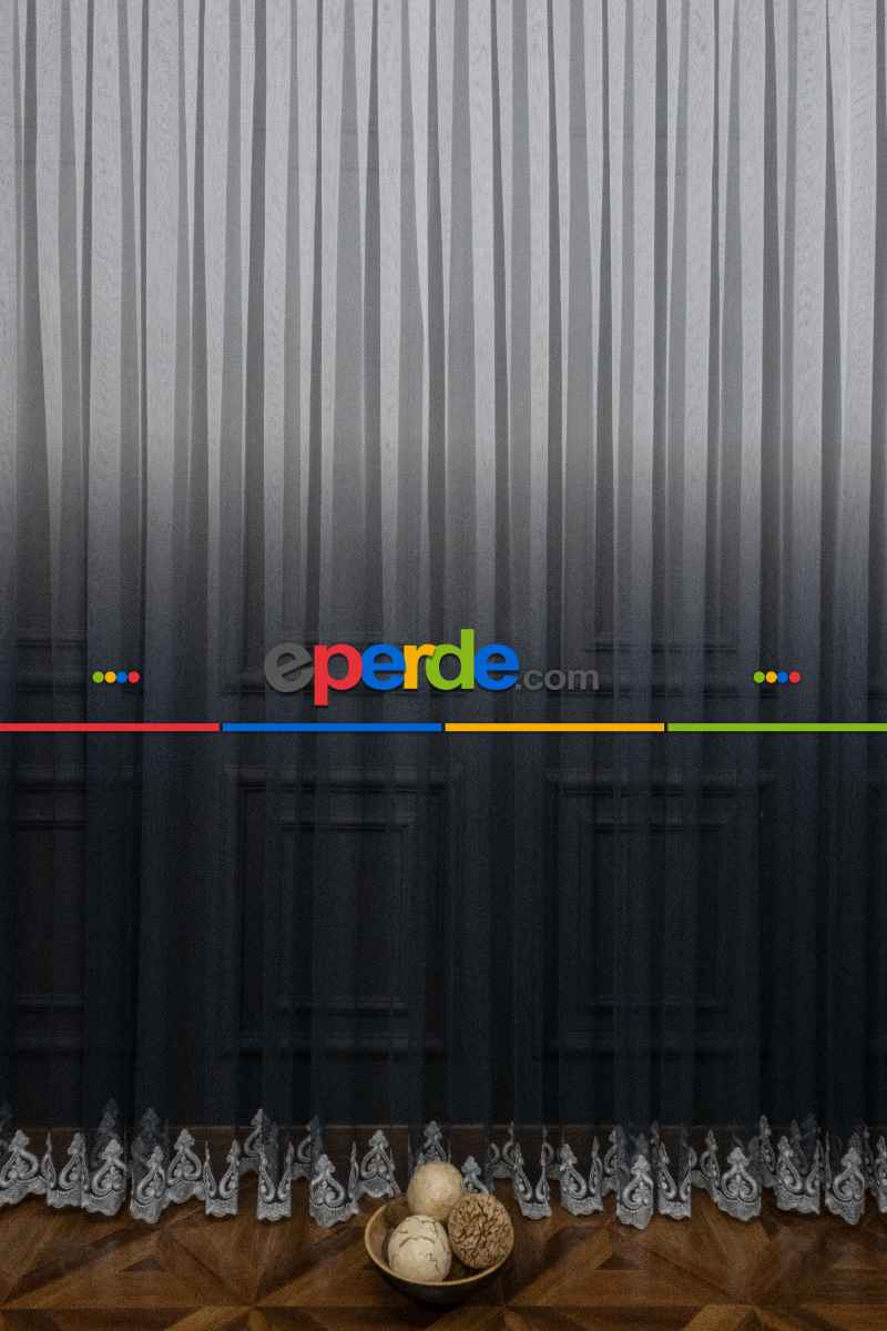 Antrasit Gri Renk Geçişli Etek Nakışlı Degrade Tasarım Tül Perde