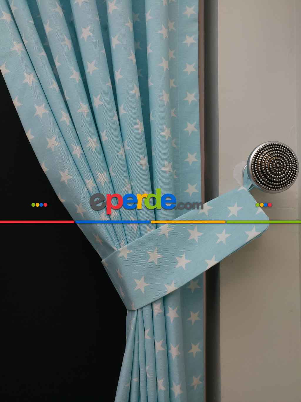 Açık Mavi-beyaz Yıldız Desenli Fon Perde ( Leke Tutmaz )- Mavi Açık