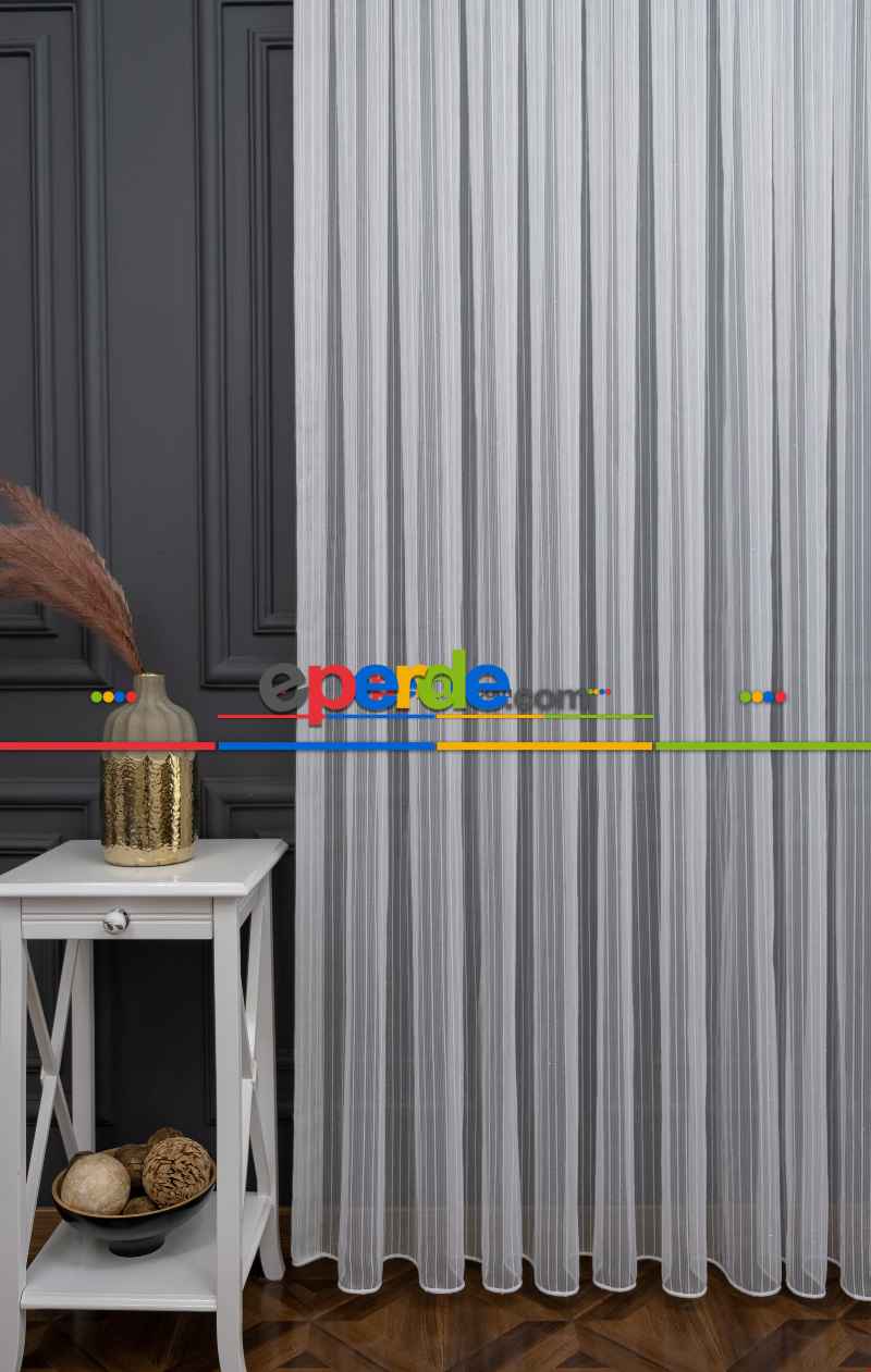 Hazır Ölçülü Simli Çizgili Kurşunlu Tül Perde - Ekru 145cm X 133cm 