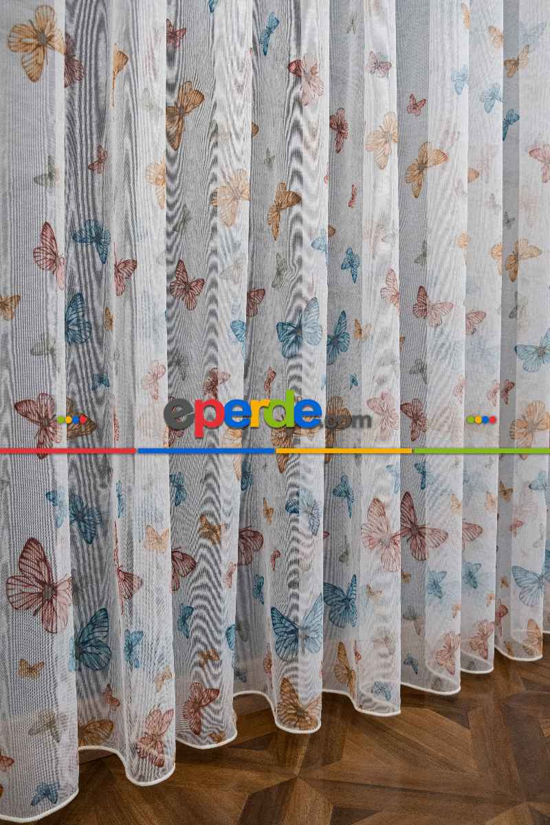 Brillant Kelebek Desen Model Tarz Tasarım Renkli Tül Perde - Kurşunlu Tül