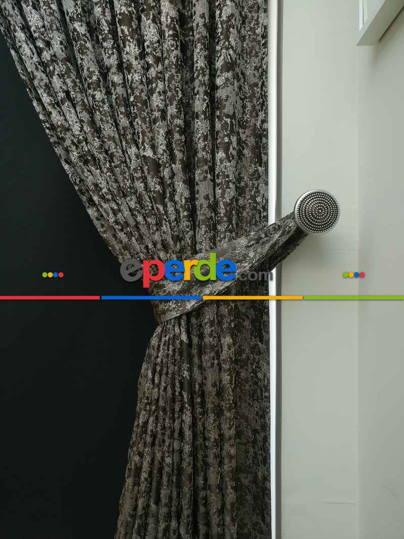 Krem Kahve Desenli Jakar Fon Perde - Kahve