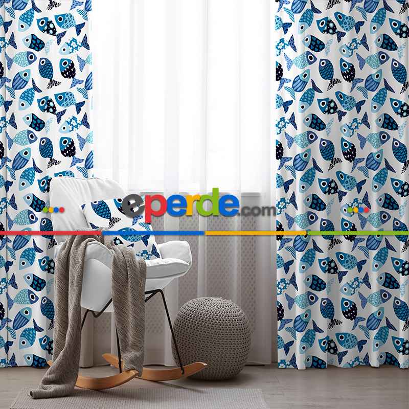 Balık Desenli Fon Perde Evim493 Kumaşı Kalındır Duck Bezi Değildir- Mavi-beyaz