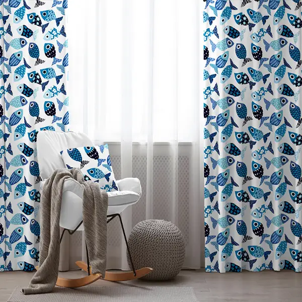 Çocuk Odası - Balık Desenli Fon Perde Evim493 Kumaşı Kalındır Duck Bezi Değildir- Mavi-beyaz