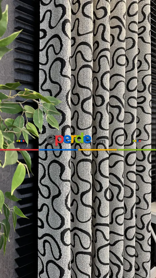 Ekru Jakar Dokuma Fon Perde Siyah