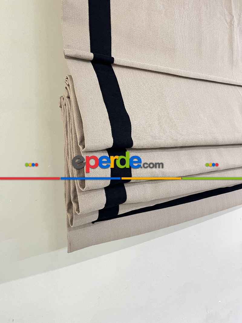 Salon - Katlamalı Perde Bej Fon Kumaş Üzerine Siyah Biyeli