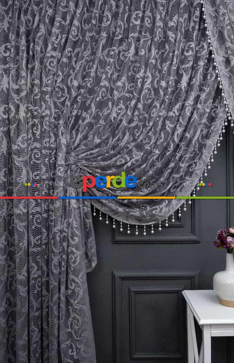 Gri Sarmaşık Desen Tül Kruvaze Şal Tül Perde Yanki Tül - Düz Model Sipariş Seçeneği - Yatak Odası Tül