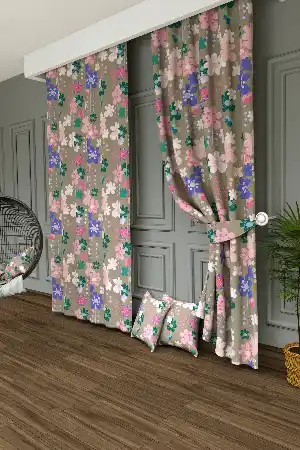 Dökümlü Kumaştan Bahar Çiçekleri Baskılı Fon Perde- Yeşil-pembe-mor-vizon Rengi