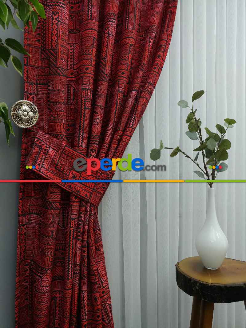 Kırmızı Geometrik Desenli Fon Perde Evm708 Kumaşı Kalındır Duck Bezi Değildir- Kırmızı Koyu