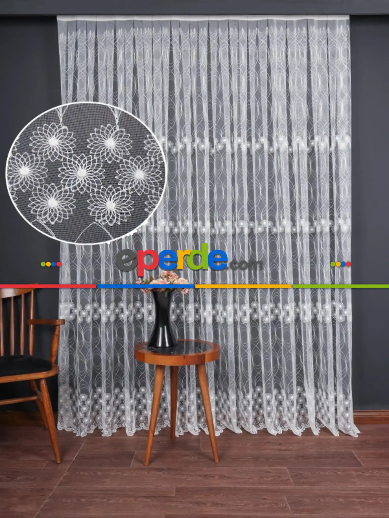 Şeritli Papatya Nakış İşlemeli Brode Tül Perde