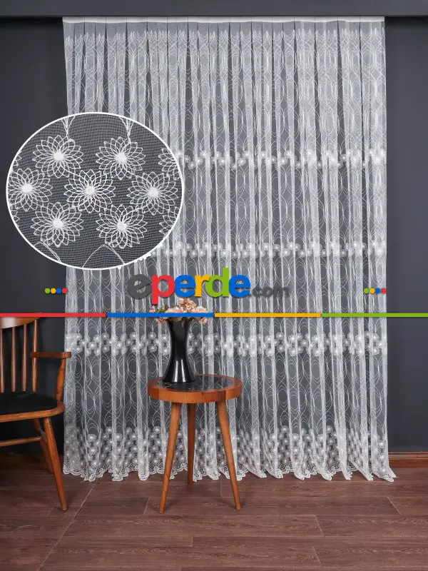 Şeritli Papatya Nakış İşlemeli Brode Tül Perde